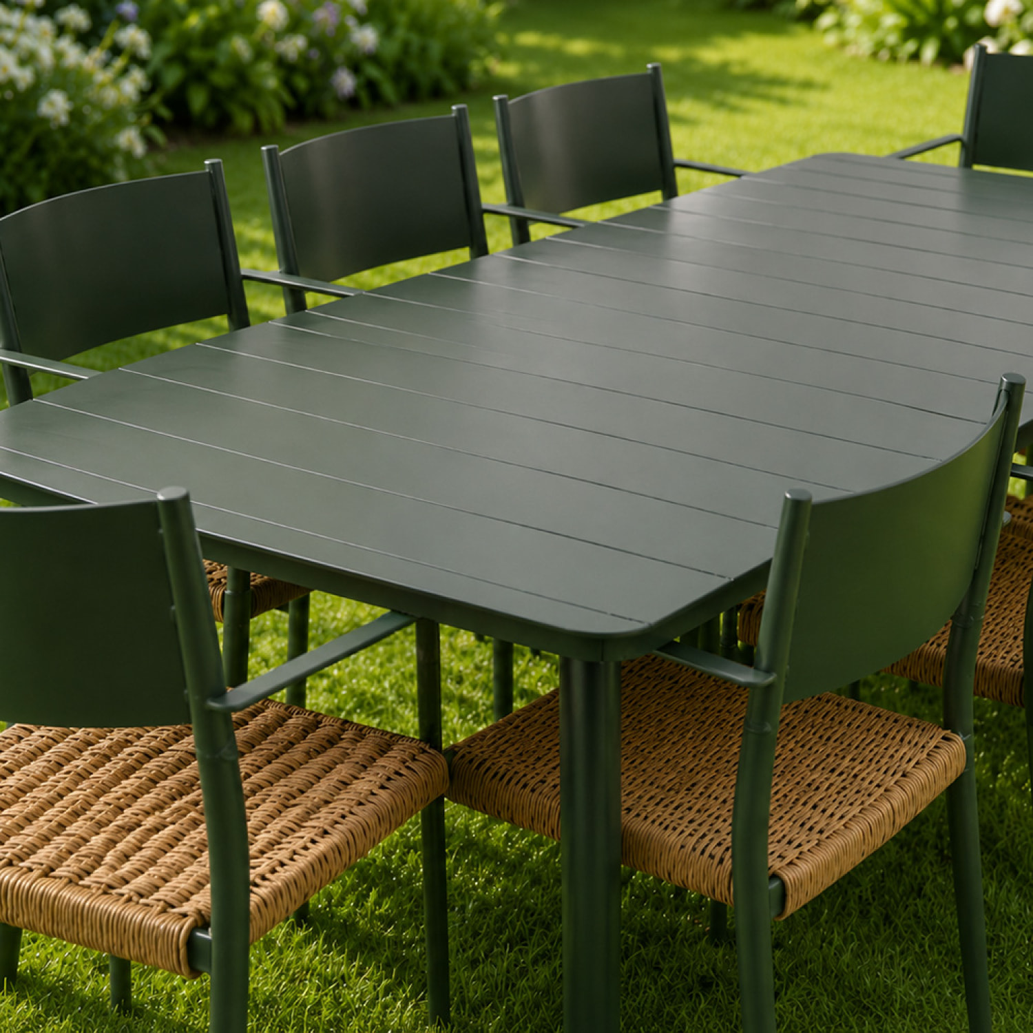 Ensemble table de jardin 200 cm et 8 fauteuils kaki effet rotin BRADDON