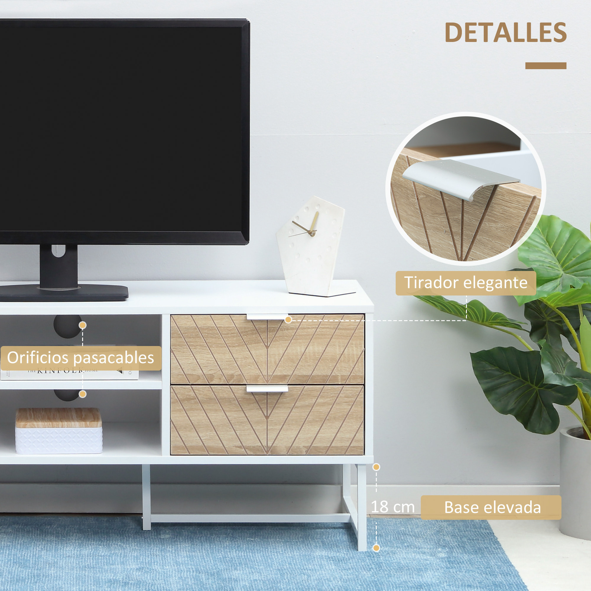 Mueble de TV para Televisores de hasta 47 Pulgadas Mesa para TV de Salón Moderna con 4 Cajones 2 Estantes Abiertos y Gestión de Cables 120x39x48 cm Roble y Blanco