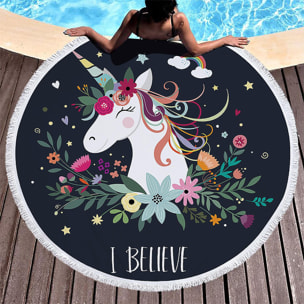 Toalla redonda 150cms 205 GSM. Diseño I Believe - Unicornio.