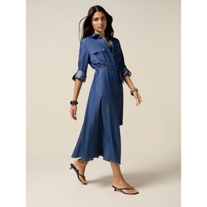 Oltre - Vestito chemisier in tencel effetto denim - Blu
