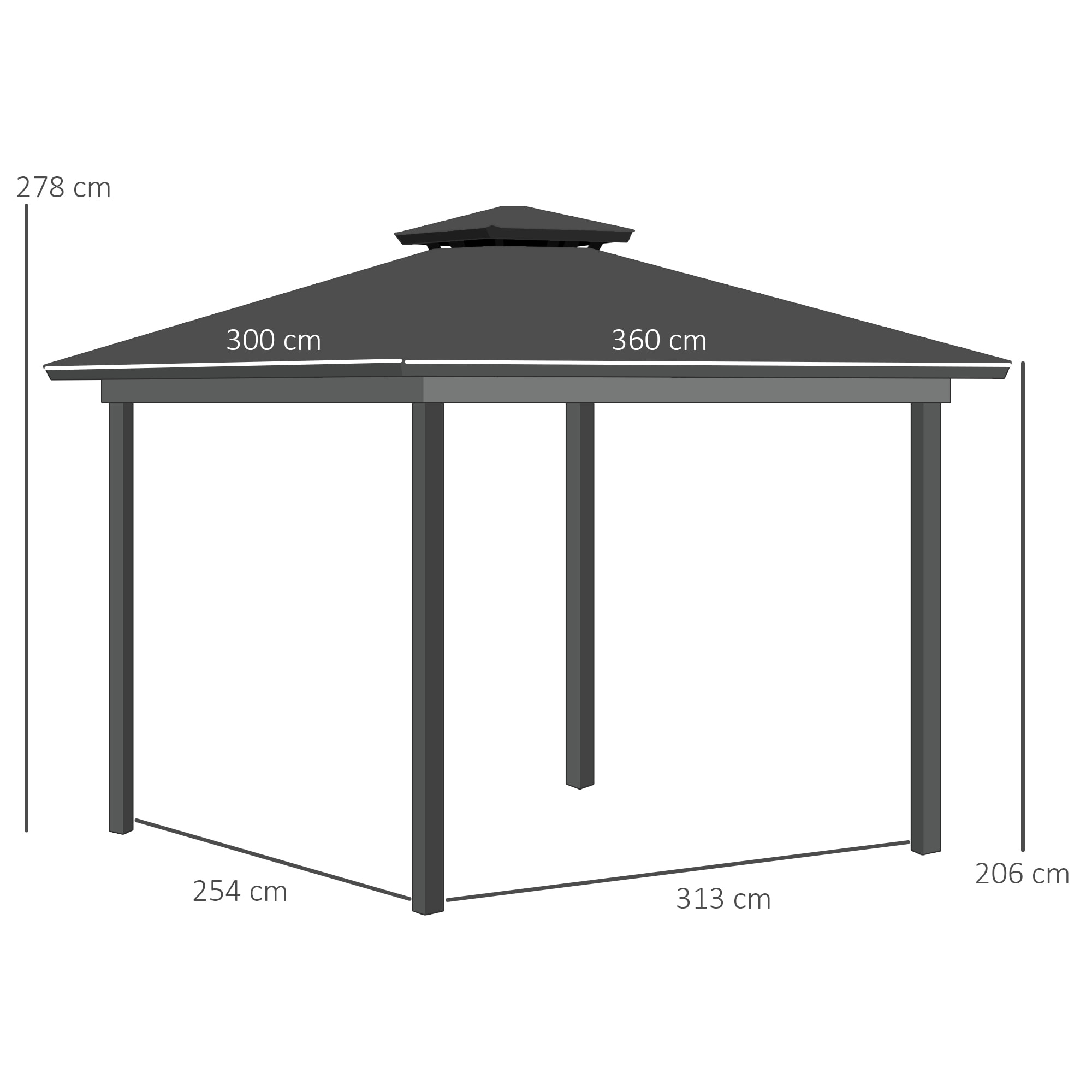 Pavillon de jardin tonnelle rigide dim. 3,6L x 3l x 2,78H m rideaux latéraux anti-UV structure gris toit polycarbonate noir