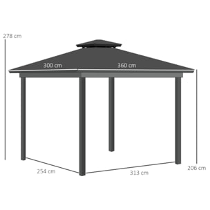 Pavillon de jardin tonnelle rigide dim. 3,6L x 3l x 2,78H m rideaux latéraux anti-UV structure gris toit polycarbonate noir