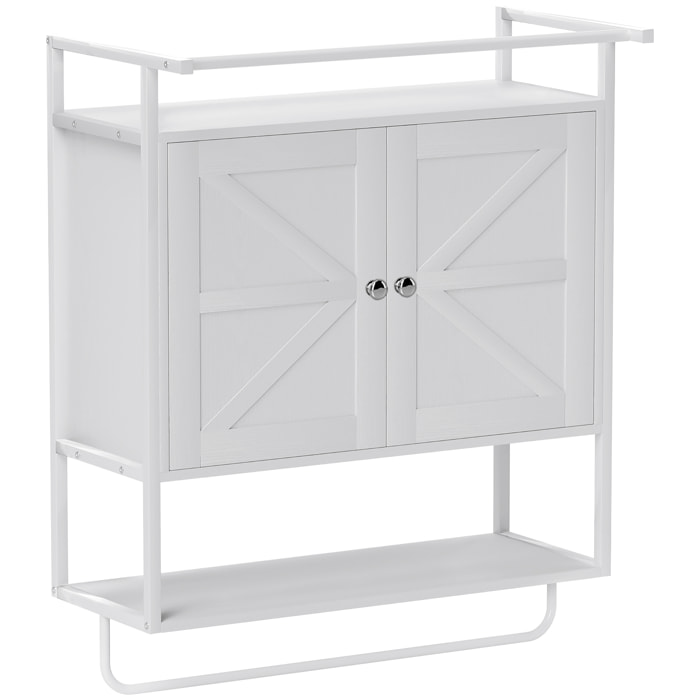 Armario de Pared para Baño Multiusos Mueble de Baño Suspendido Armario Colgante de Almacenamiento con 2 Puertas Estante Toallero 63x34x75 cm Blanco