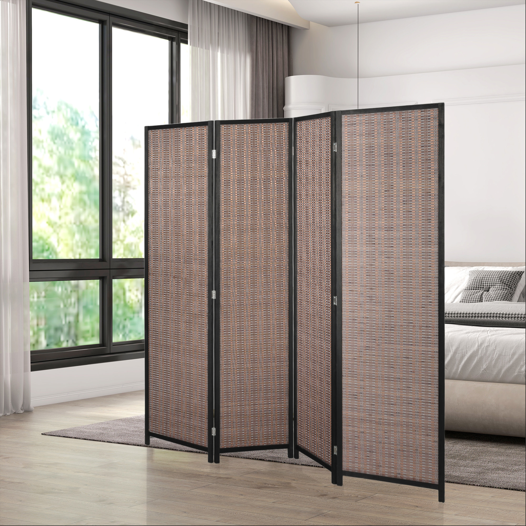 Paravent intérieur séparateur de pièce pliable 4 panneaux dim. 180L x 180H cm bois pin bambou coton marron