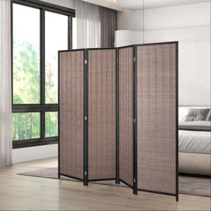 Paravent intérieur séparateur de pièce pliable 4 panneaux dim. 180L x 180H cm bois pin bambou coton marron