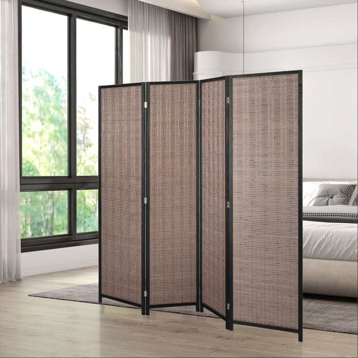 Paravent intérieur séparateur de pièce pliable 4 panneaux dim. 180L x 180H cm bois pin bambou coton marron