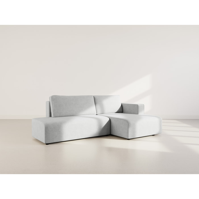 Topaze - canapé d'angle droit 4 places convertible avec coffre en velours côtelé - Gris clair