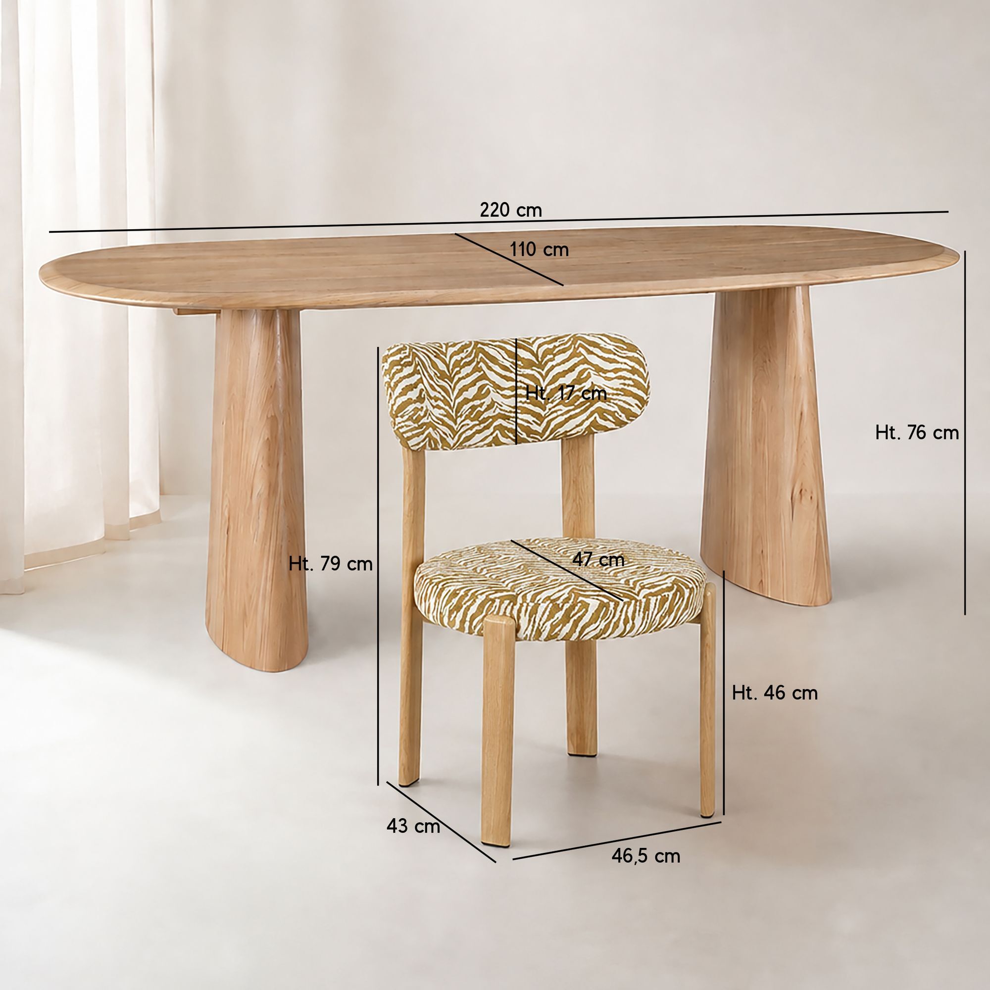 Ensemble table ovale 220cm et 6 chaises en tissu zèbre safran LILY