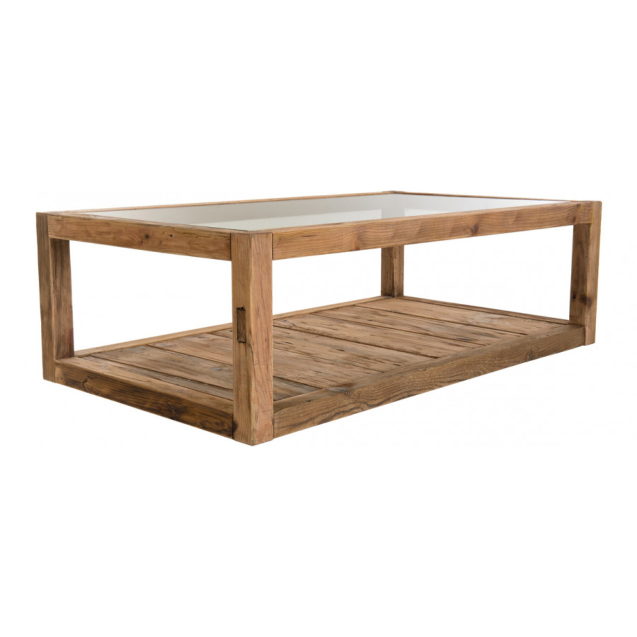 ANDRIAN - Table basse marron 1 plateau verre 1 plateau bois Pin recyclé