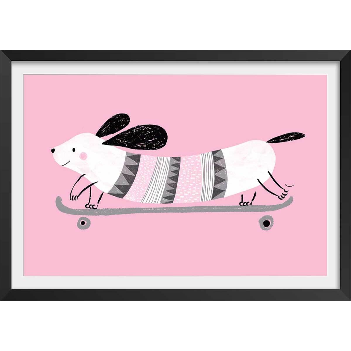 Affiche enfant chien rose  Affiche + cadre en bois - Noir