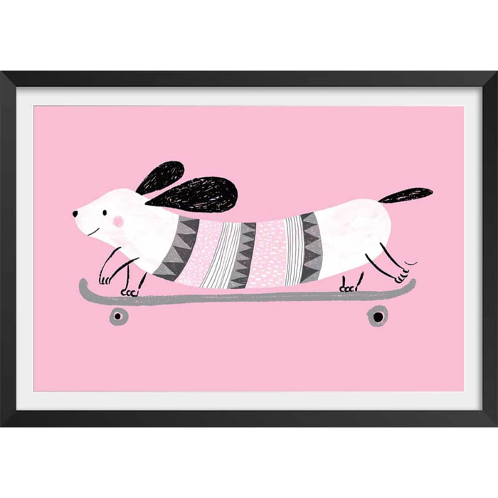 Affiche enfant chien rose  Affiche + cadre en bois - Noir