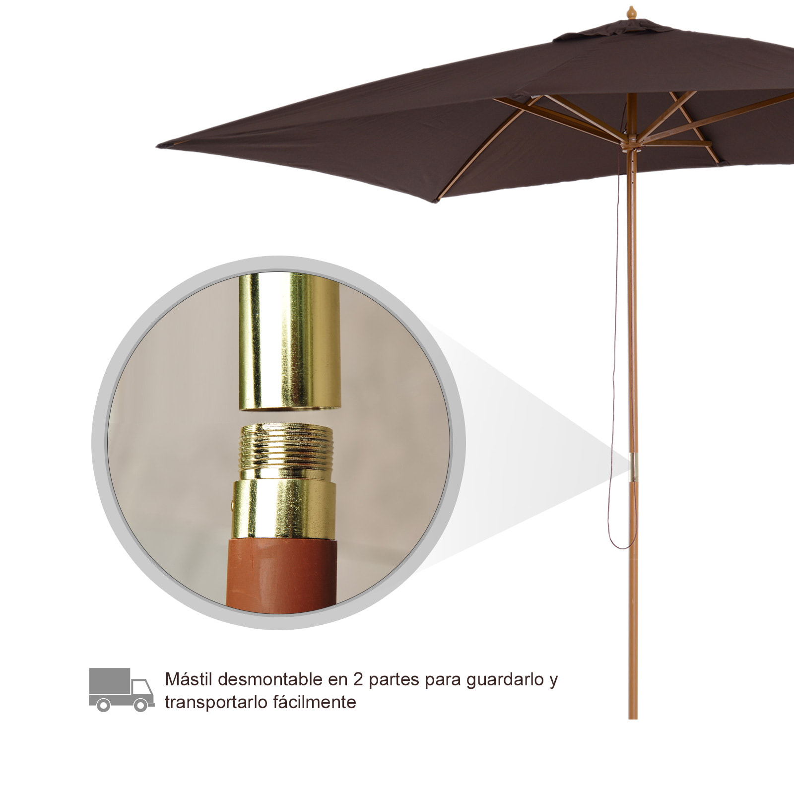 Sombrilla tipo Parasol Mástil de Madera 2x3 m Chocolate