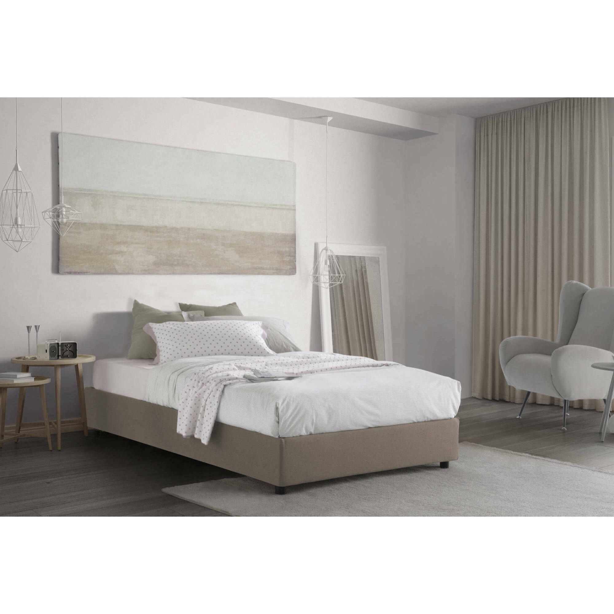 Letto piazza e mezza Chiara, Letto contenitore con rivestimento in tessuto, 100% Made in Italy, Apertura frontale, con materasso Cm 120x190 incluso, Tortora