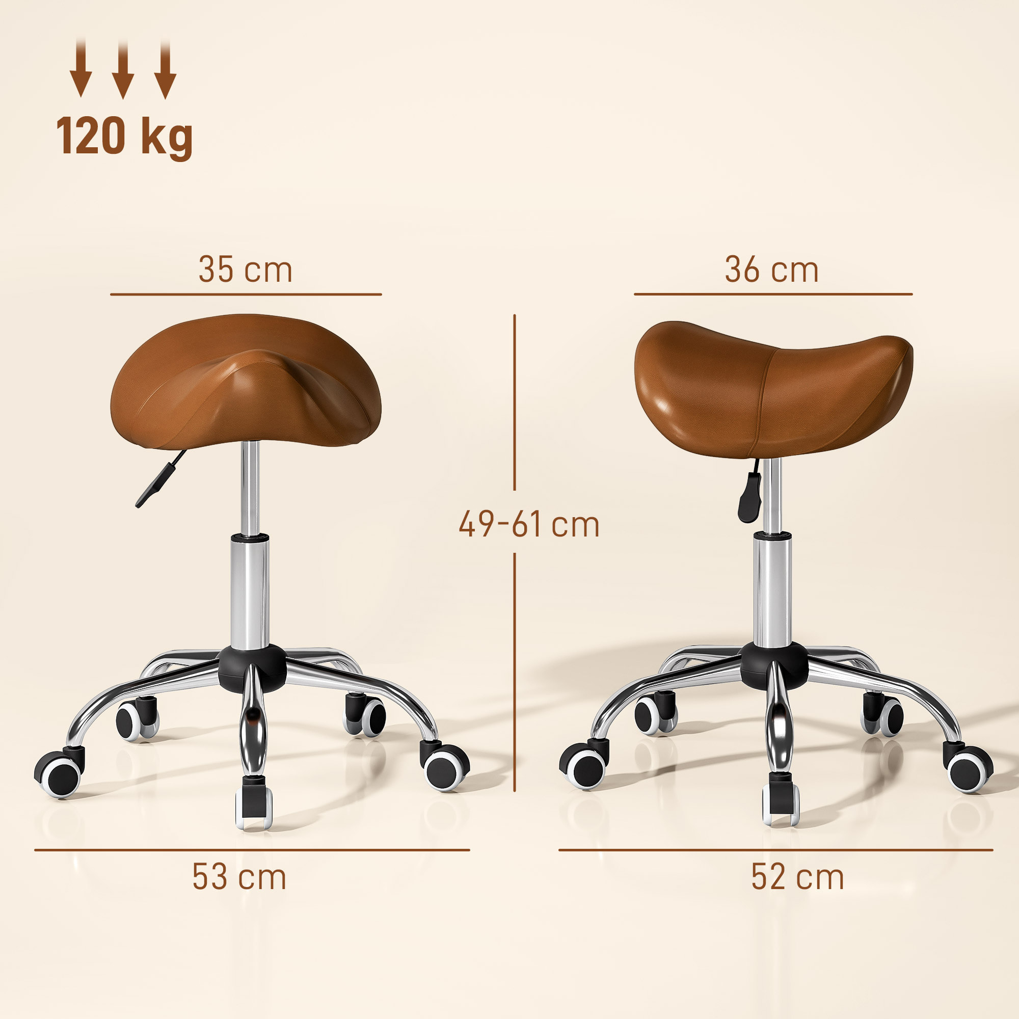 Taburete con Ruedas Taburete Giratorio Cosmético con Altura Ajustable Asiento Acolchado y Amplio Dentista Peluquería Carga 120 kg 52x53x49-61 cm Marrón