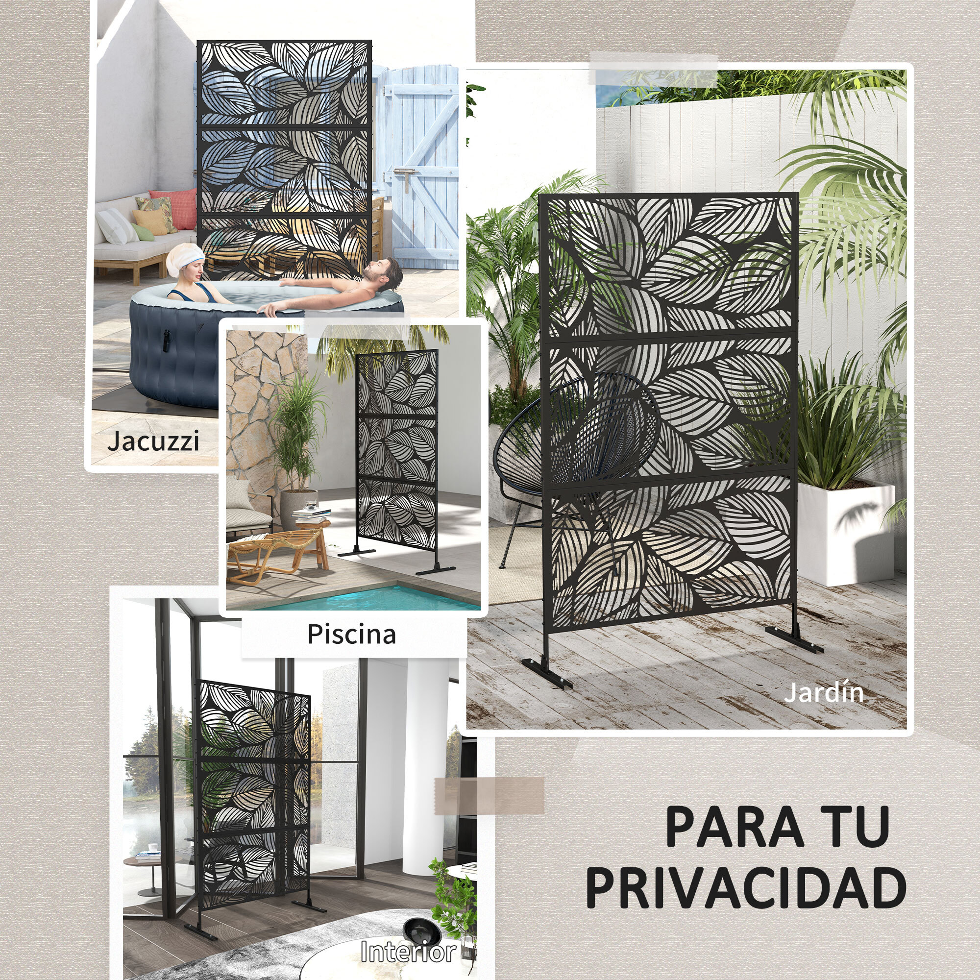 Biombo de Exterior Separador de Ambientes con 3 Piezas Patrón de Hoja Grande y Marco de Acero Pantalla de Privacidad para Patio Terraza Jardín 122x45x198 cm Negro