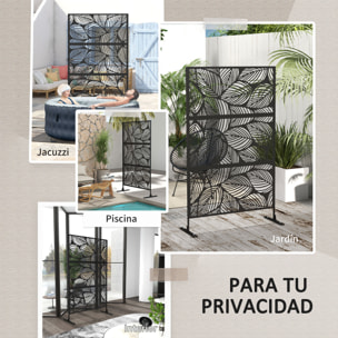 Biombo de Exterior Separador de Ambientes con 3 Piezas Patrón de Hoja Grande y Marco de Acero Pantalla de Privacidad para Patio Terraza Jardín 122x45x198 cm Negro