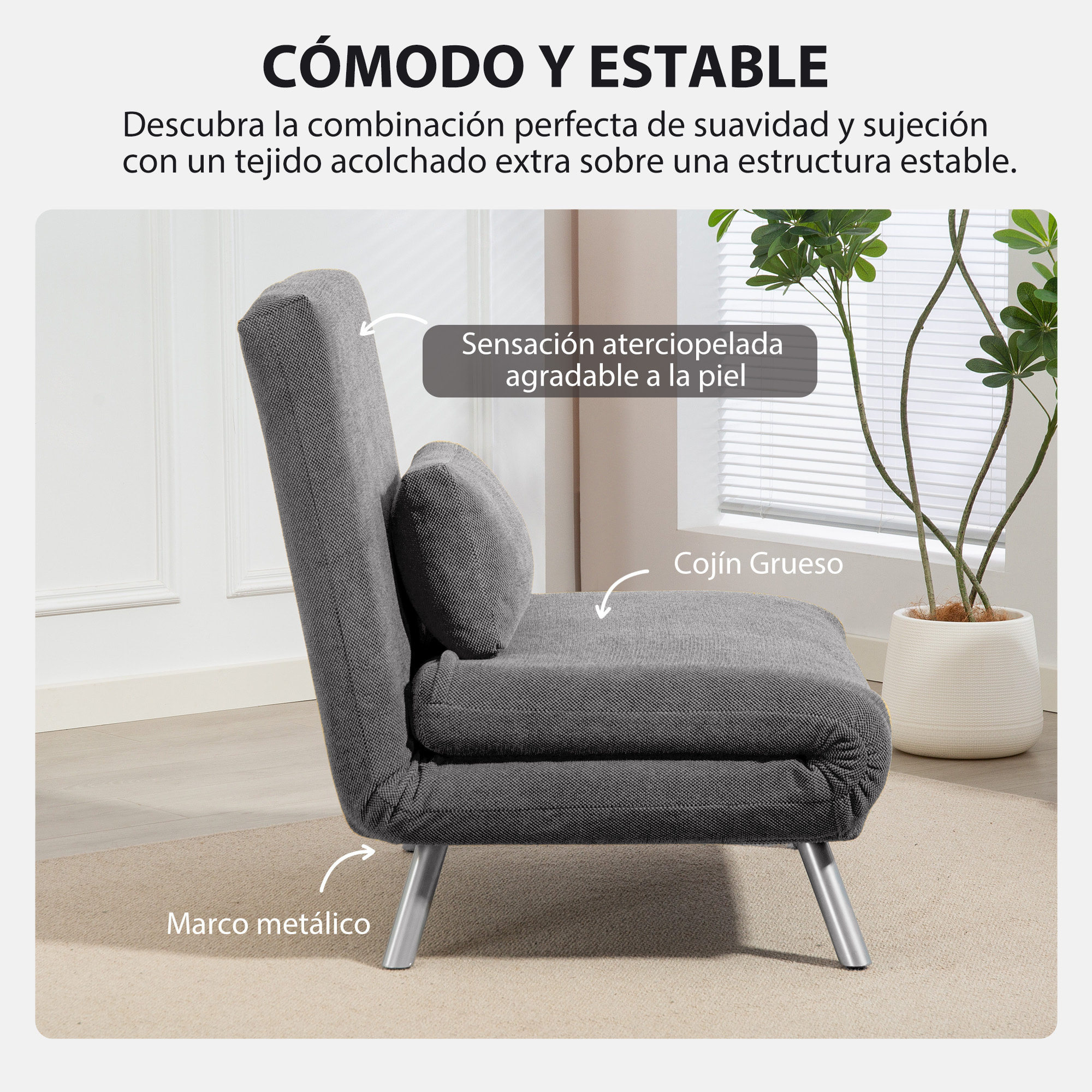 Sofá Cama de 1 Plazas 3 en 1 Sillón Cama Plegable Tapizado en Chenilla con Respaldo Ajustable de 5 Niveles y Almohada Acolchada para Oficina Dormitorio Salón 80x75x83 cm Negro