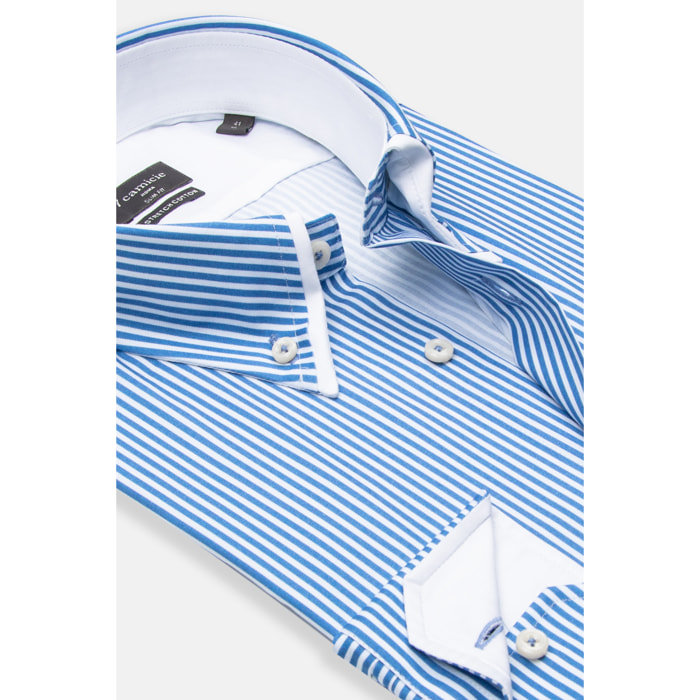 Camicia Uomo 2 Bottoni Button Down Doppio Coll Popeline Stretch Riga Media Bianco\Blu Inchiostro