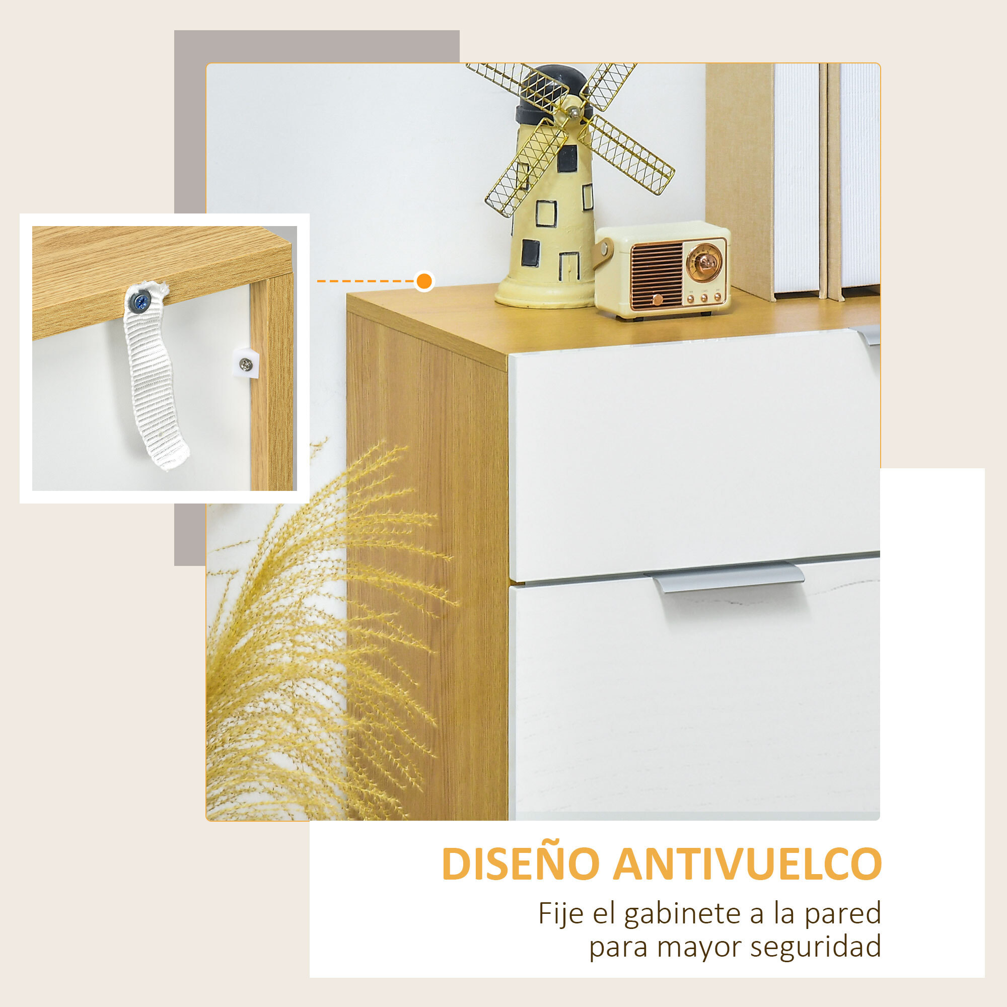 Aparador de Salón Armario Multiusos de Alto Brillo con Cajón 2 Puertas y Estantes Ajustables para Comedor Dormitorio 70x35x92 cm Blanco y Natural