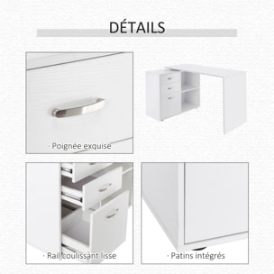 Bureau d'angle bureau droit modulable 2 en 1 bureau informatique tiroirs x 3 + 2 niches MDF blanc