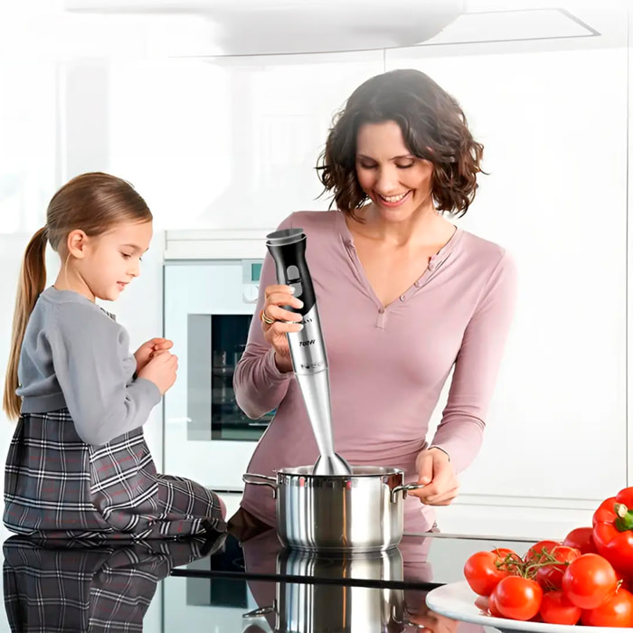Frullatore a mano da 700W con due velocità, design ergonomico, corpo e braccio in acciaio inox. Braccio lavabile in lavastoviglie.