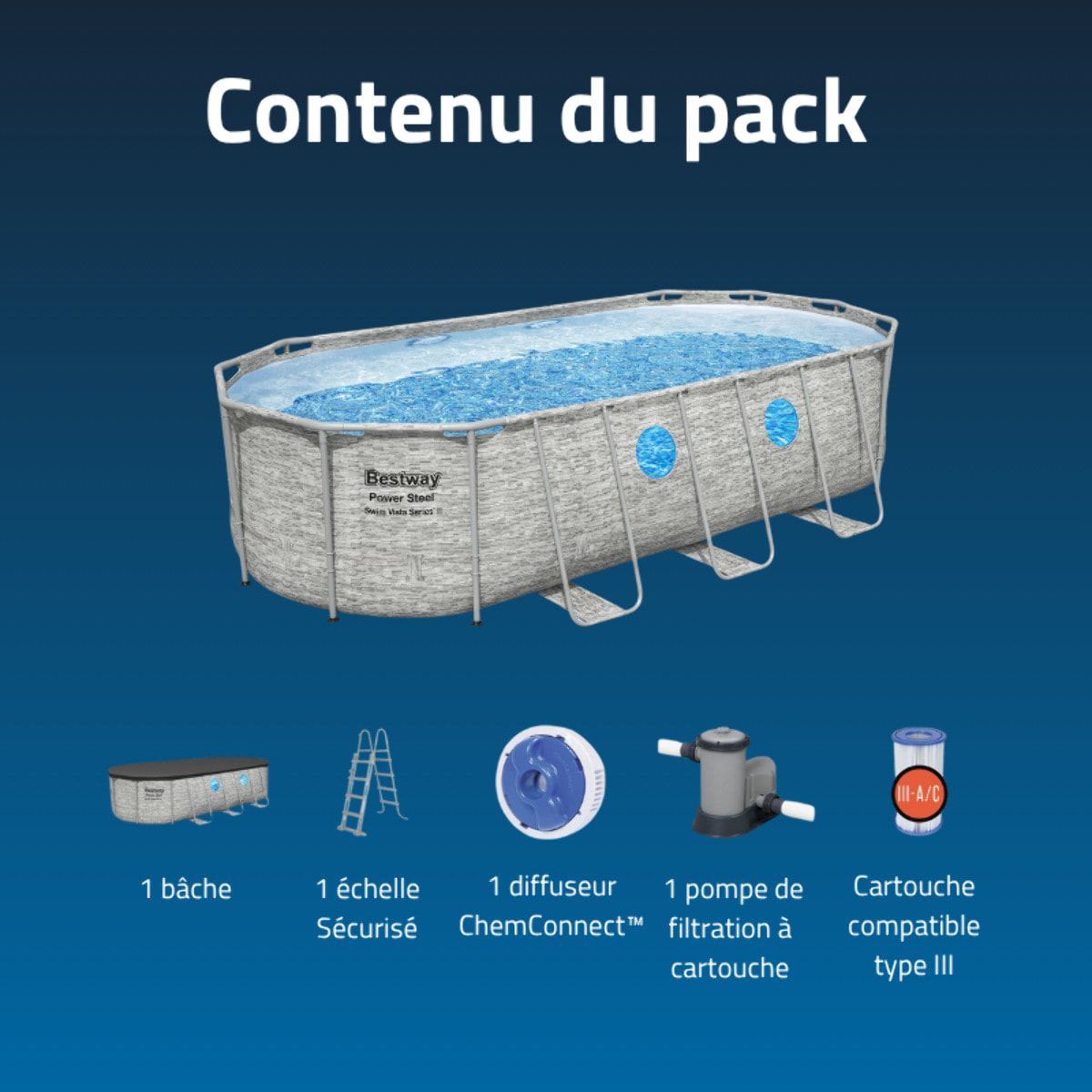 Bestway Piscine hors sol tubulaire ovale Bestway Power Steel Swim Vista 549 x 274 x 122 cm décor pierres