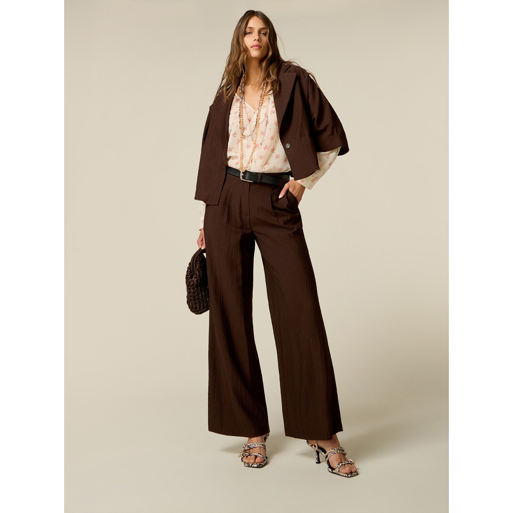 Oltre - Pantaloni palazzo misto viscosa - Marrone