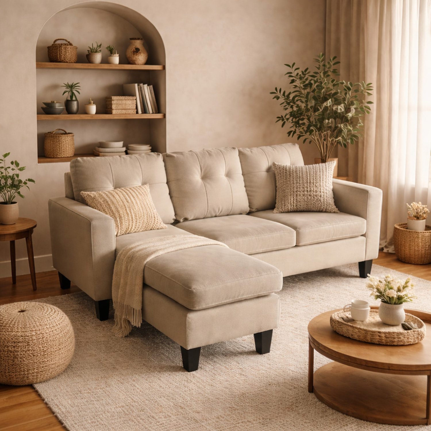 BRAY Canapé d'angle 3 places en tissu beige