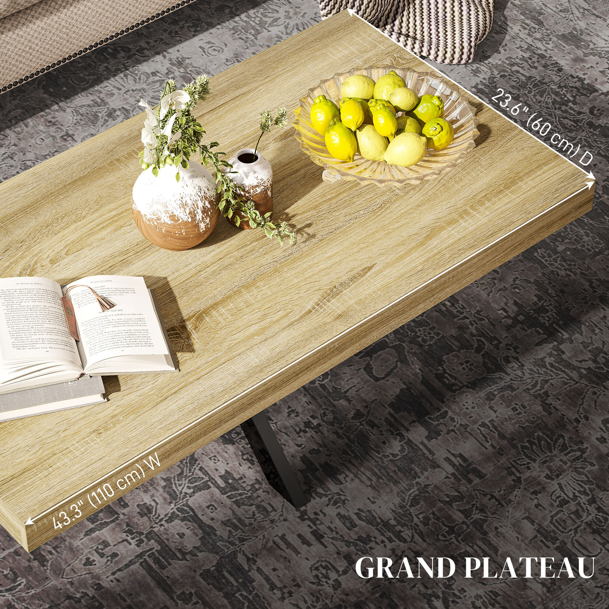 Table basse rectangulaire design industriel - dim. 110L x 60l x 45H cm - métal noir aspect chêne clair