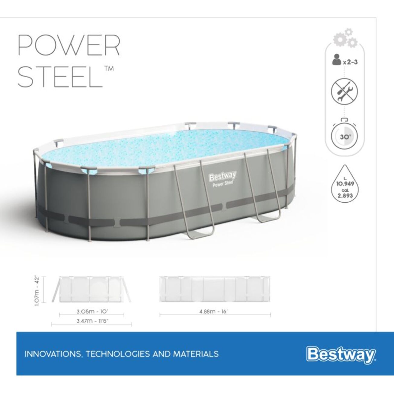Bestway Piscine hors sol tubulaire ovale Bestway Power Steel 488 x 305 x 107 cm gris