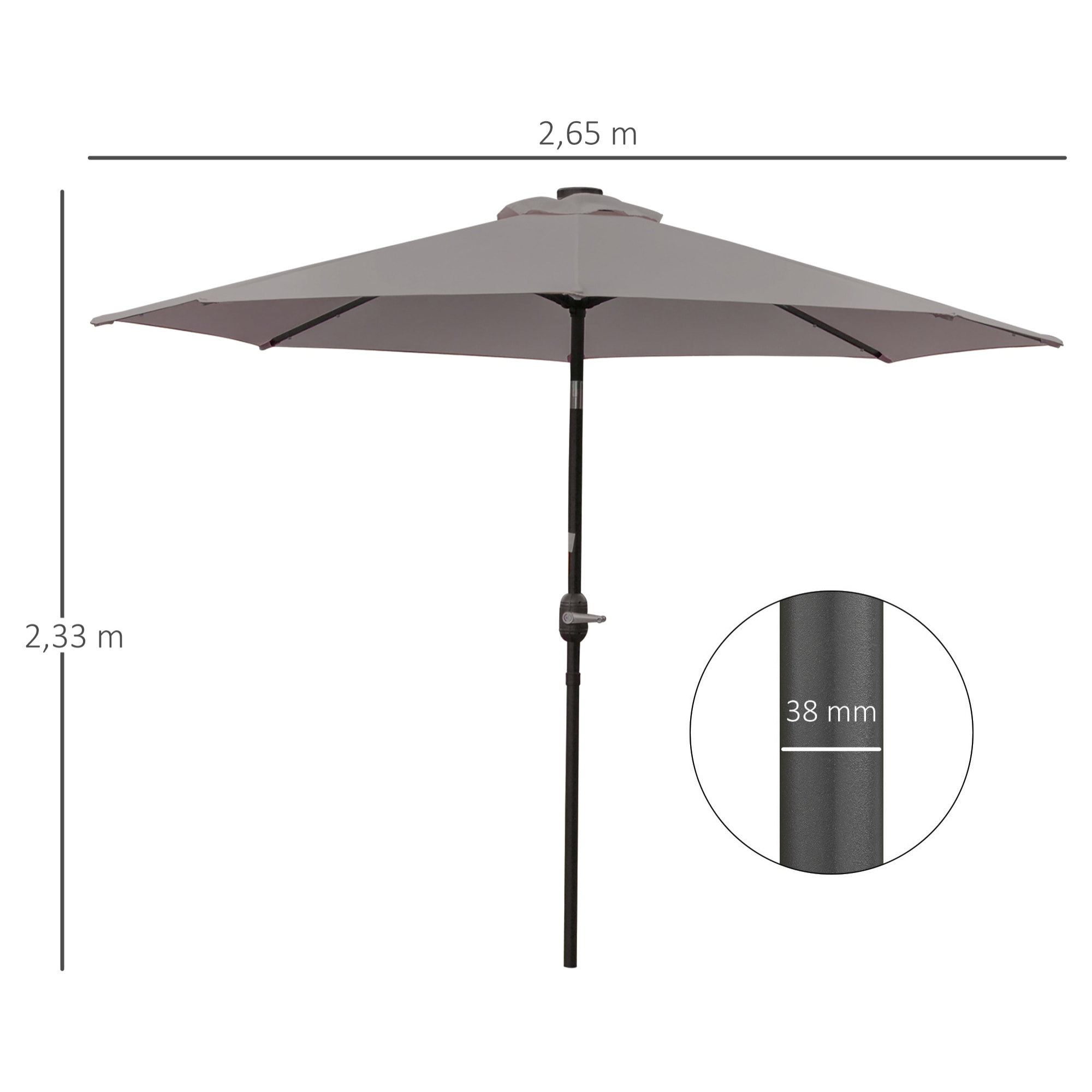 Sombrilla de Jardín con 32 Luces LED Solares Ø265x233 cm Parasol Inclinable con Manivela y Poste de Acero para Terraza Patio Exterior Gris
