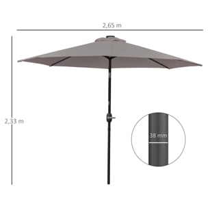 Sombrilla de Jardín con 32 Luces LED Solares Ø265x233 cm Parasol Inclinable con Manivela y Poste de Acero para Terraza Patio Exterior Gris