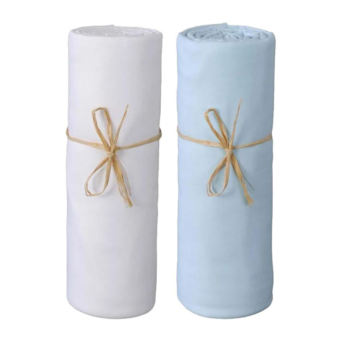 Lot de 2 Draps housse lit bébé 60 x 120 cm / 100% coton / 57 fils/cm² - Couleur: 1 Blanc + 1 Ciel