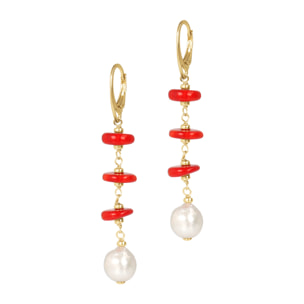 PERLAVIVA - Orecchini Pendenti in Argento 925 placcato Rodio con Corallo Bambù Rosso e Perle Ming Bianche d'Acqua Dolce Ø 11/12 mm