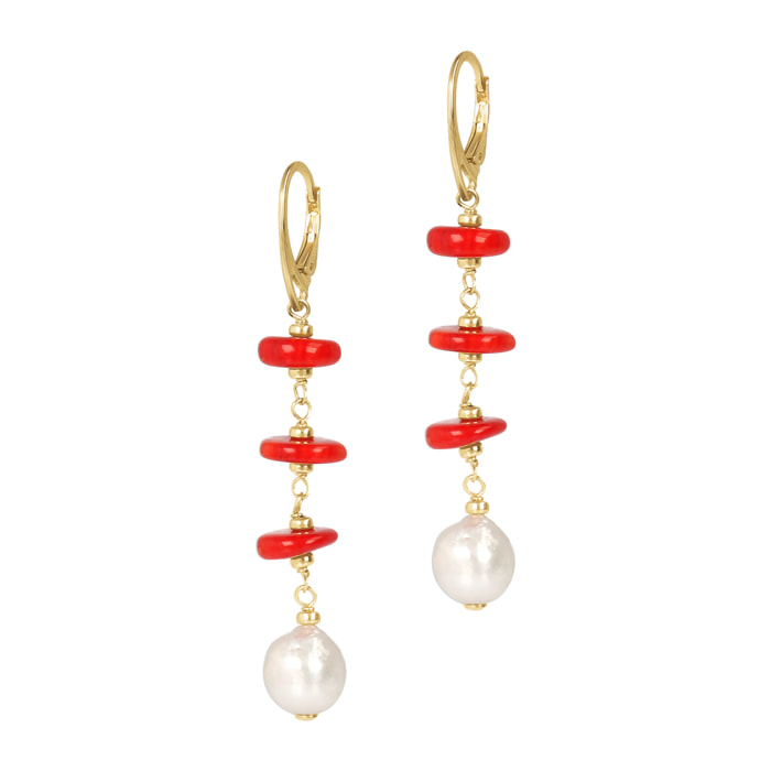 PERLAVIVA - Orecchini Pendenti in Argento 925 placcato Rodio con Corallo Bambù Rosso e Perle Ming Bianche d'Acqua Dolce Ø 11/12 mm