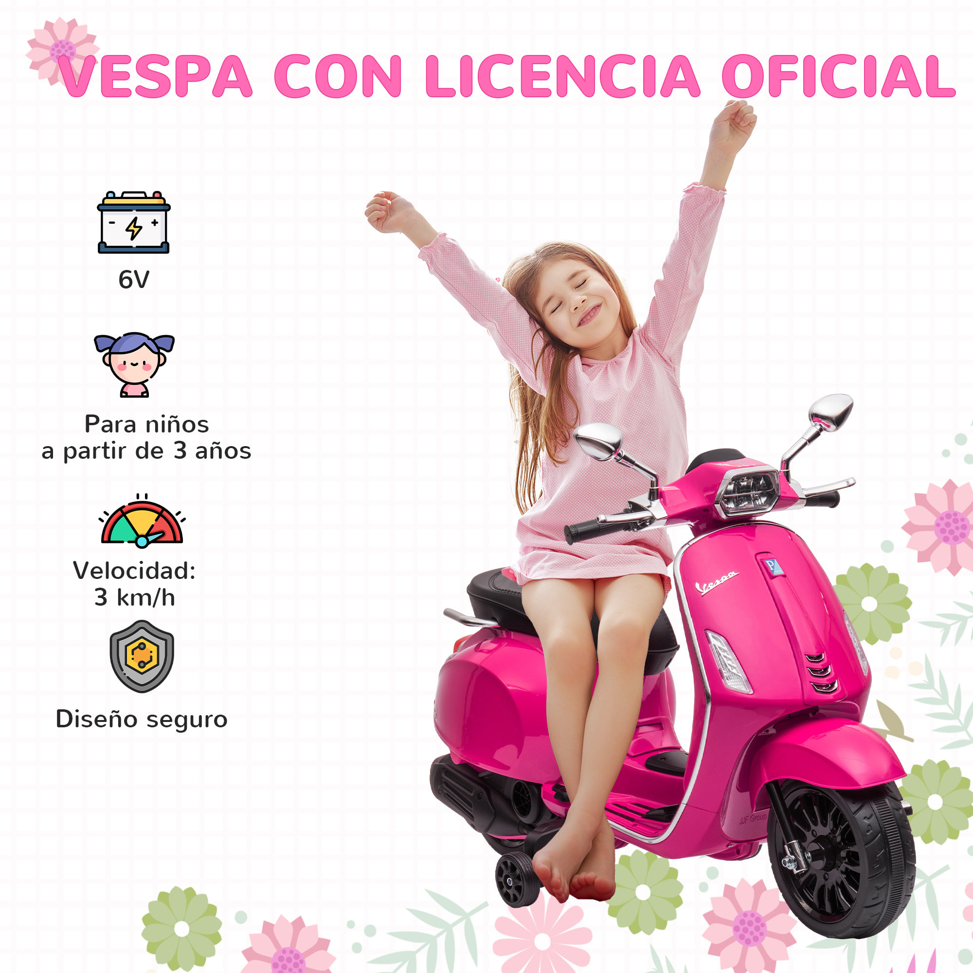 Moto Eléctrica para Niños de +3 Años con Licencia Vespa Moto de Batería para Niños 6V con USB MP3 Luz LED Radio FM Velocidad 3 km/h Carga 35 kg Rosa
