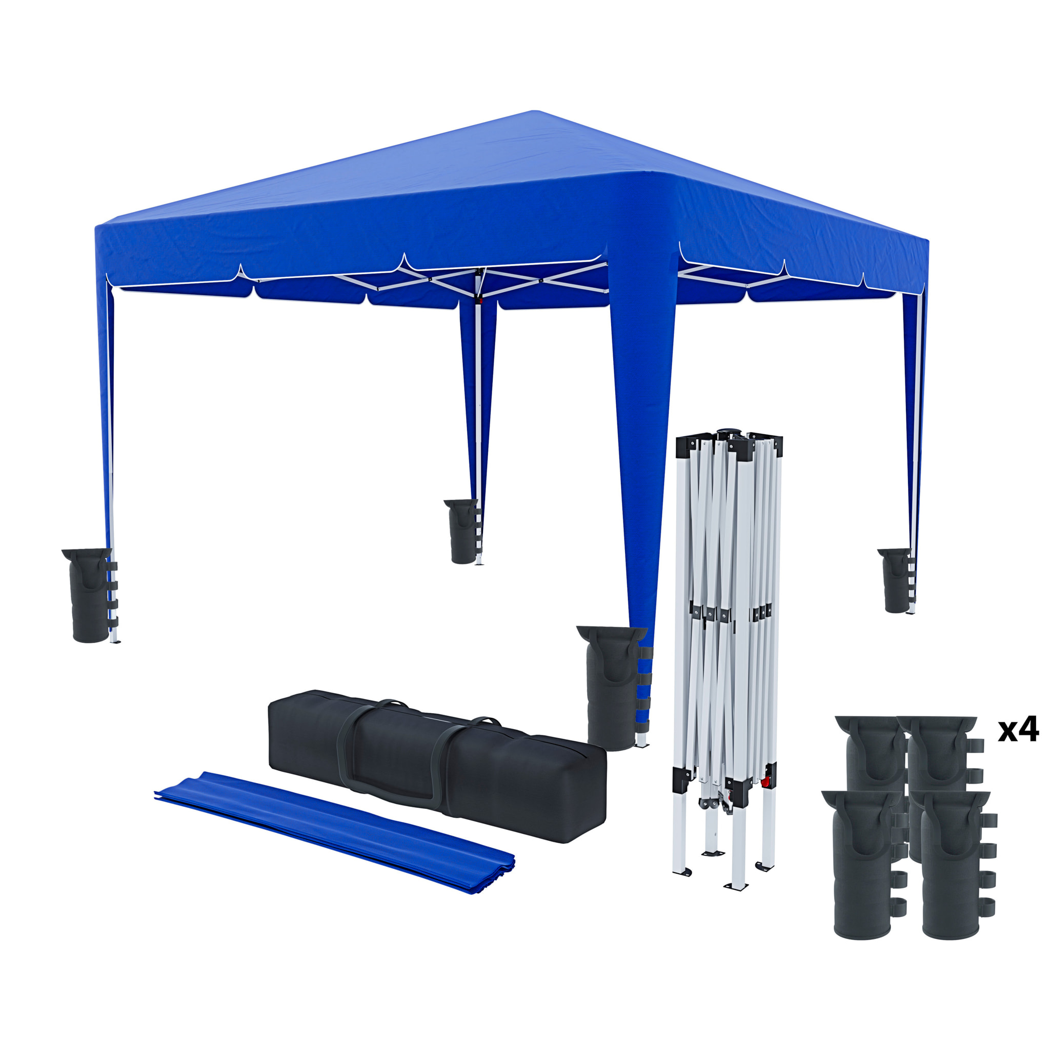 Gazebo Pieghevole Impermeabile 3 x 3 M Da Giardino Con 4 Sacche Pesi Sacca Trasporto Chiusura Fisarmonica Struttura Acciaio Copertura 160 gr/m² Blu