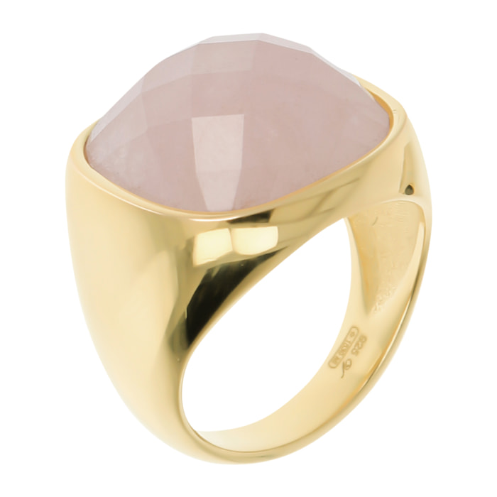 Anello Chevalier Quadrato con Pietra Naturale Quarzo Rosa in Argento 925 placcato Rodio