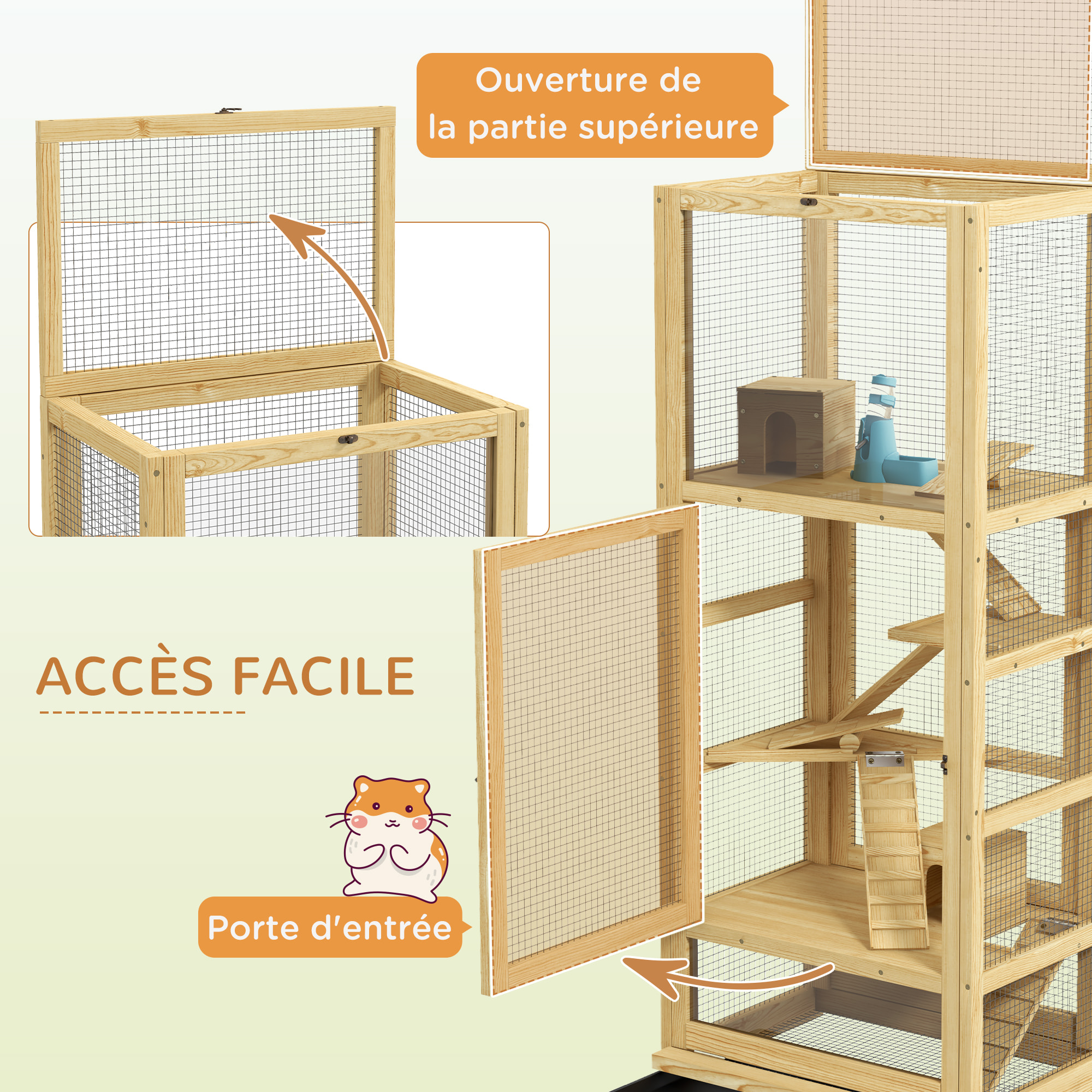 Cage pour rongeurs petits animaux en bois 5 niveaux - échelle, niche, balançoire, plateau amovible, abreuvoir