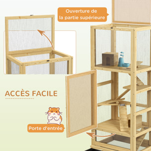 Cage pour rongeurs petits animaux en bois 5 niveaux - échelle, niche, balançoire, plateau amovible, abreuvoir