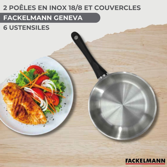 Set 2 poêles en inox, couvercle verre et 6 ustensiles inox Fackelmann Geneva
