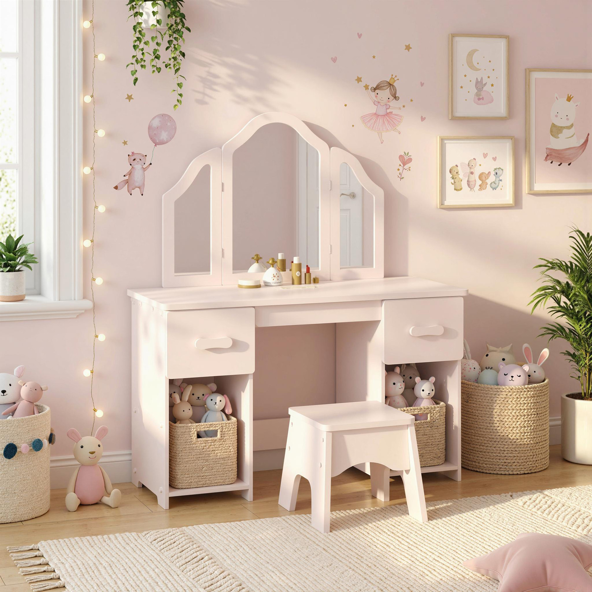 Tocador para Niñas, Tocador de Maquillaje Niñas, 2 en 1, Escritorio, con Taburete, 3 Espejos Desmontables, 2 Cajones, 2 Armarios, 6 Accesorios, a Partir de 3 Años, Rosa