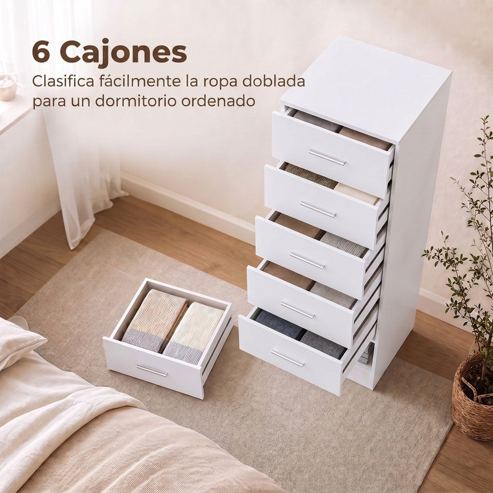 Cómoda de 6 Cajones, Cajonera para Dormitorio Alta y Estrecha, Sinfonier para Salón, Vestidor, Entrada, 40x40x110 cm, Blanco