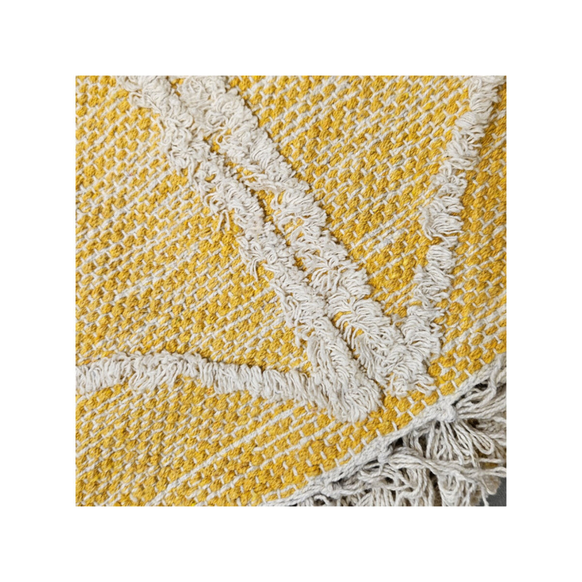 Tapis ethnique jaune en coton motifs et franges 120x180cm - MARA