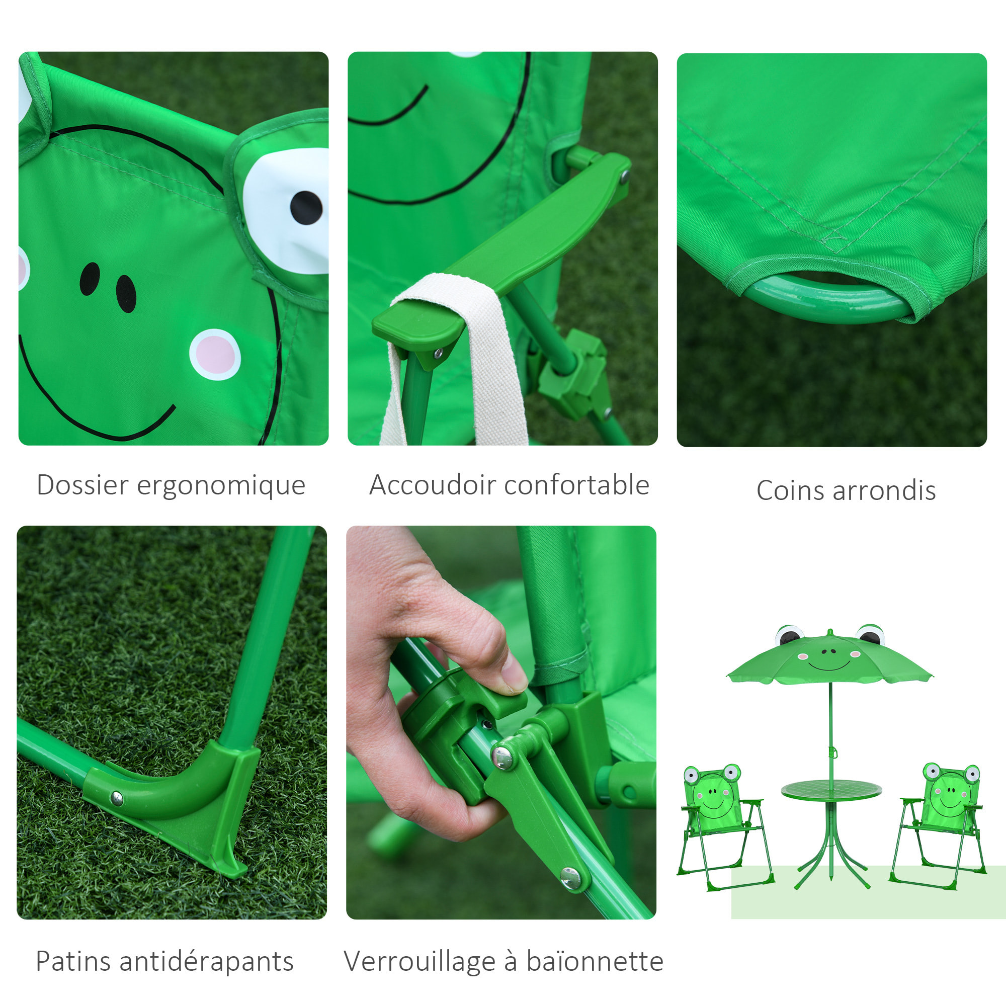 Ensemble salon de jardin enfant 4 pcs design grenouille - table ronde + 2 chaises pliables + parasol - métal époxy oxford vert
