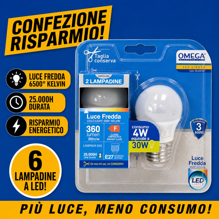 OMEGA Set 6 Lampadine LED Sfera 4W E27 6500K