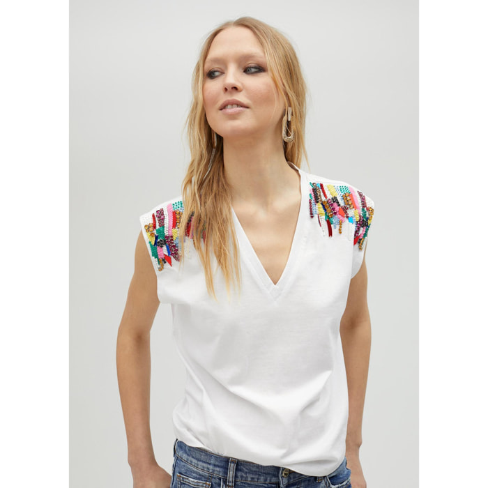 Maglietta strass sulle spalle