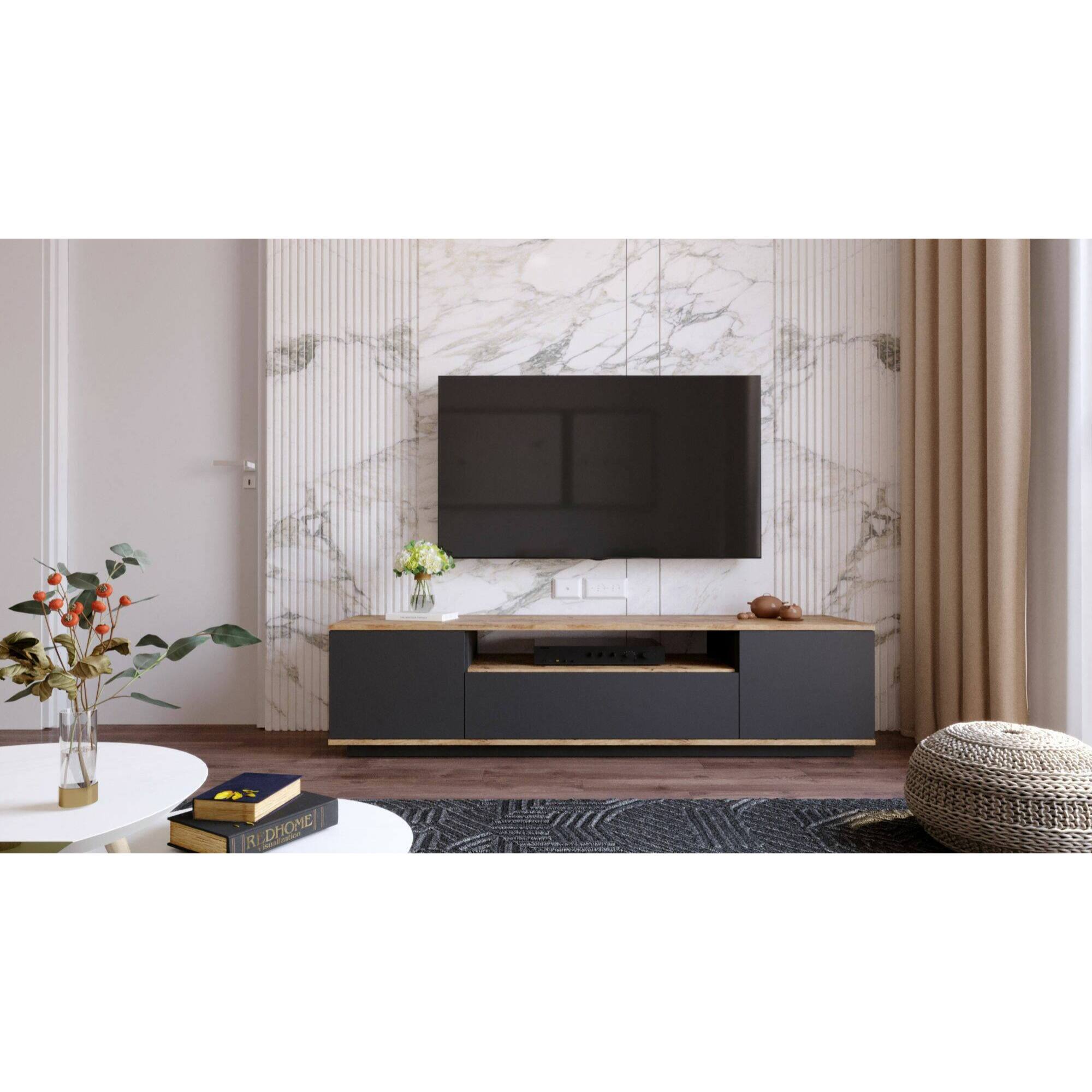 Mobile porta TV Dpierott, Credenza da soggiorno, Armadio basso per TV, Base parete attrezzata, 180x45h45 cm, Quercia e Antracite