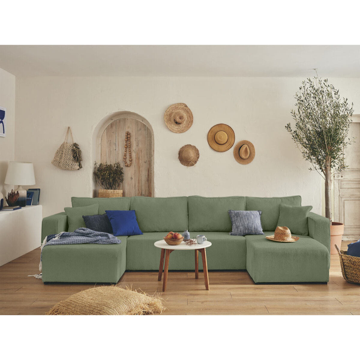 Topaze - canapé panoramique en U - 7 places - convertible avec coffre - en velours côtelé - Vert sauge