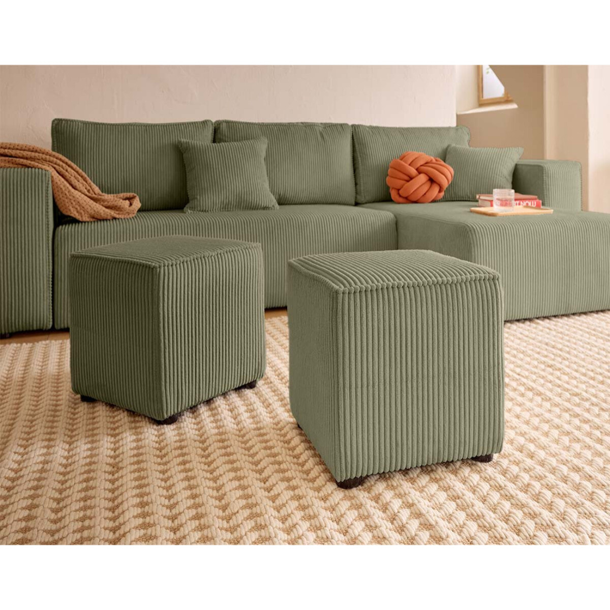 Topaze - canapé d'angle réversible 4 places - convertible avec coffre, tablette et poufs - en velours côtelé - Vert Kaki